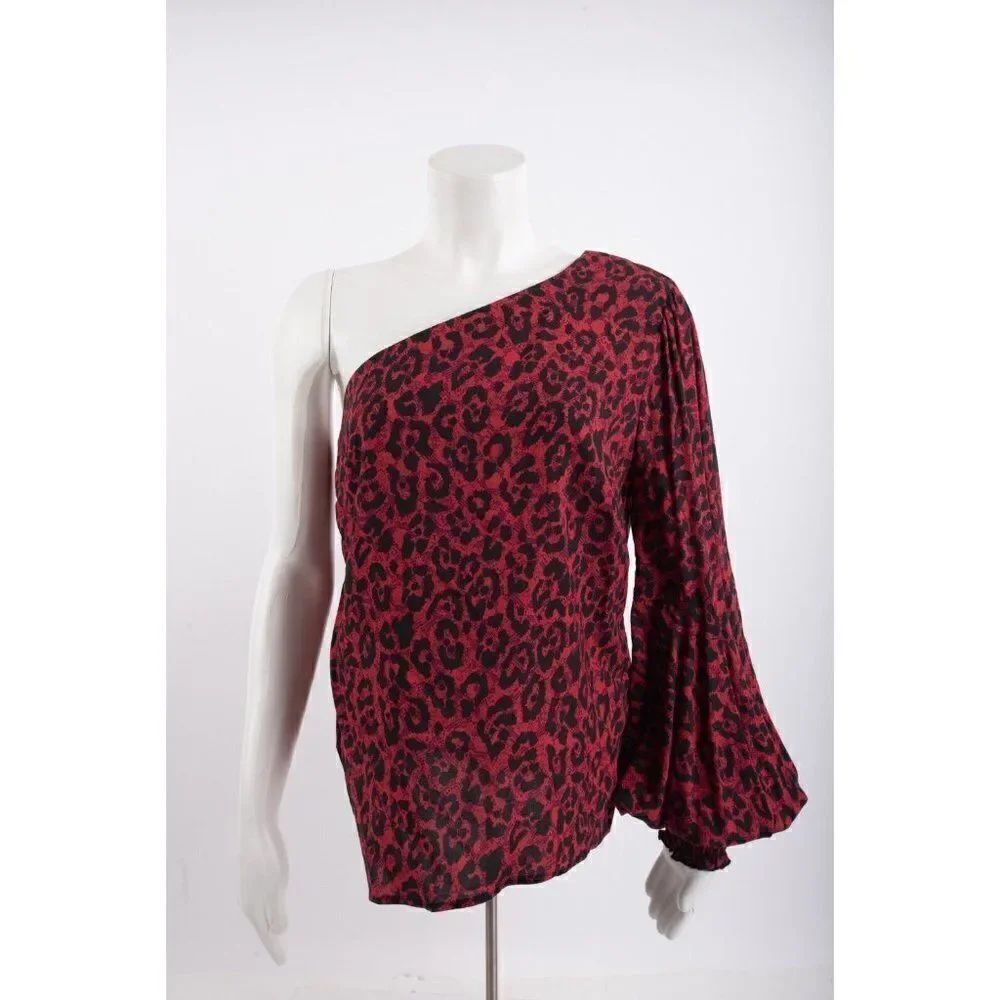 Allen Schwartz Womens One Shoulder Blouse Brooke M Red Black Animal Print NWT